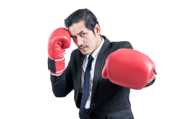 Asiático Hombre Negocios Con Guantes Boxeo Rojo Luchando Aislado Sobre — Foto de Stock