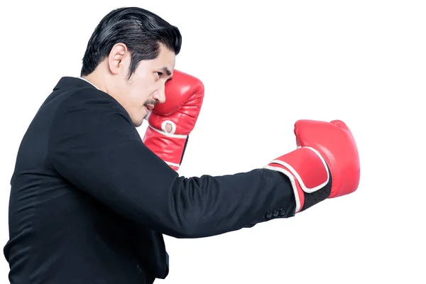 Ασιάτης Επιχειρηματίας Κόκκινα Γάντια Πυγμαχίας Που Μάχεται Απομονωμένος Λευκό Φόντο — Φωτογραφία Αρχείου