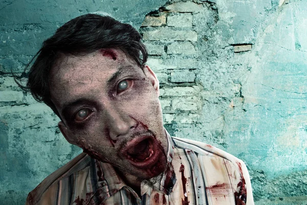 Scary Zombie Blood Wound His Body Standing Cracked Wall Background — Stock Photo, Image