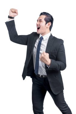 Asyalı iş adamı başarılı bir ifadeyle beyaz arkaplan üzerinde izole edilmiş