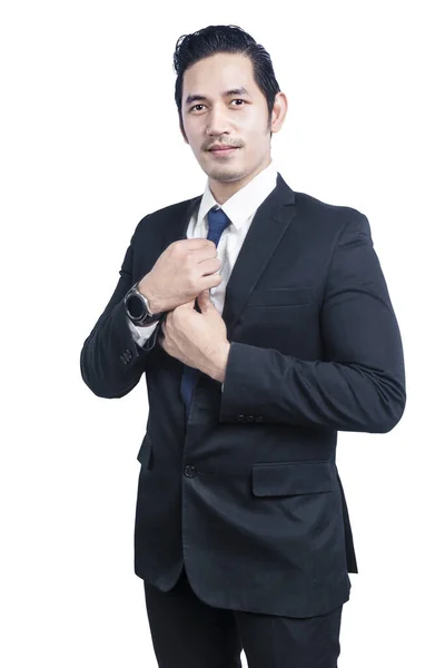 Azji Biznesmen Stoi Ręką Krawat Odizolowany Białym Tle — Zdjęcie stockowe