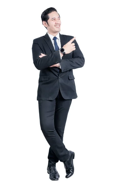 Asian Businessman Pointing Something Isolated White Background — Stock Photo, Image