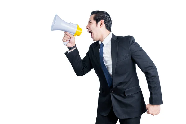 Empresário Asiático Grito Megafone Isolado Sobre Fundo Branco — Fotografia de Stock