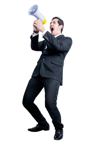 Asian Businessman Shout Megaphone Isolated White Background — Stock Photo, Image