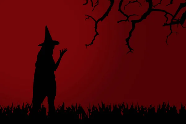 Silhouette Witch Woman Hat Standing Red Background — Stock Photo, Image