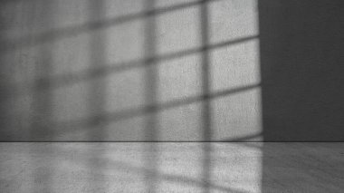 Pencerenin dramatik gölgesi odanın içinde gri bir duvar ve zemin zeminiyle parlıyor. Model, kopyalama alanı ya da şablon. Ürün veya metin gösterimi için boş arkaplan podyumu
