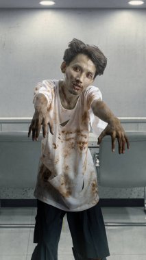 Yaralı ve kanlı korkunç erkek zombi terk edilmiş binada dolaşıyordu. Sahne korkutucu ve ürkütücü. Ürkütücü Cadılar Bayramı kavramı