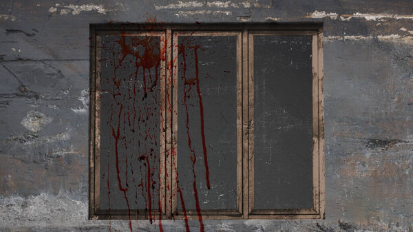 Вид на старое деревянное окно на огромной стене с брызгами крови, брызгами крови или пятнами крови. Макет или пространство для копирования. Хэллоуин обои или фон