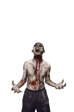 Beyaz arka planda yara ve kanla izole edilmiş korkunç bir erkek zombinin portresi. Ürkütücü bir ifade. Cadılar Bayramı ya da Korku kavramı