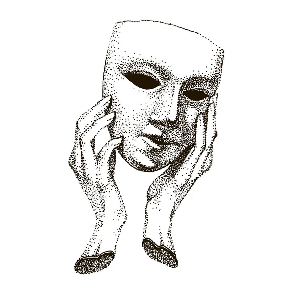 Maschera in mano. Tatuaggio dell'attore teatrale. Ipocrita, finto, ingannatore, molte facce. Modello vintage in bianco e nero. ritratto drammatico. disegno fatto a mano. Illustrazione vettoriale . — Vettoriale Stock