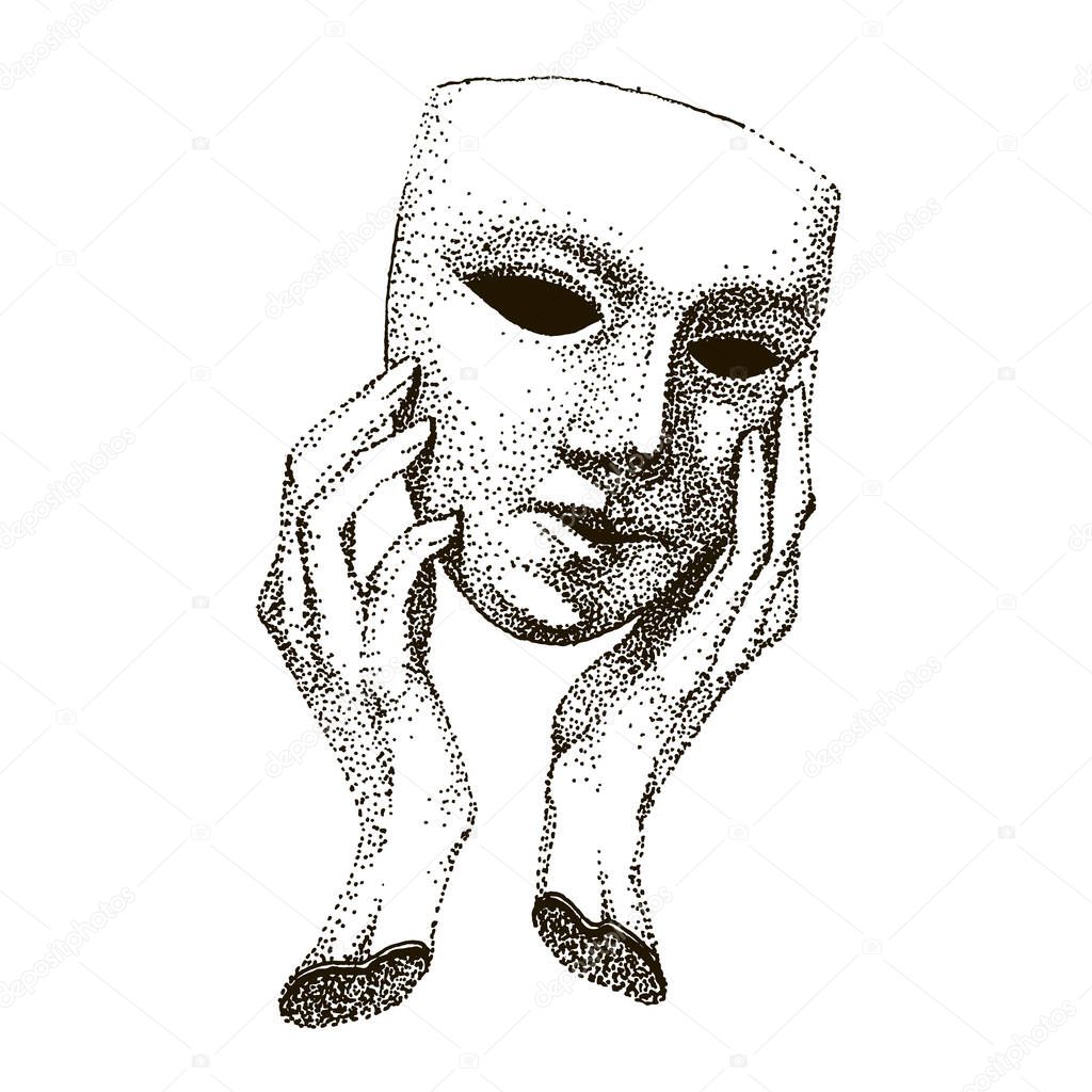Mask in hands. Theater Actor tattoo. Hypocrite, pretender, trickster, many faces. Vintage black and white template. drama portrait. hand made drawing. Vector illustration.