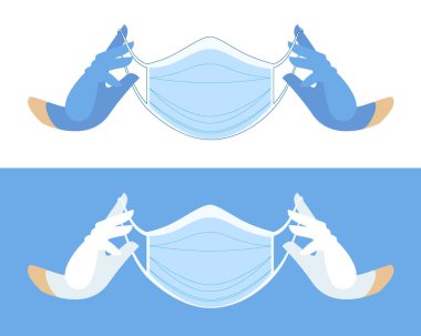 Beyaz mavi tıbbi eldivenli eller. Eldivenli ellerde tıbbi yüz maskesi. Virüs ve bakterilere karşı koruyucu maske. Tıbbi bakım. Profesyonel tıbbi aksesuarlar. Yüz maskesi takan eldivenli eller..
