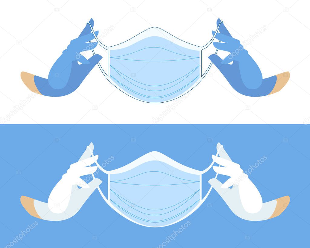 hands in white blue medical gloves. Medical face mask in gloved hands. Protective mask against viruses and bacteria. medical care. professional medical accessories. gloved hands wearing a face mask.