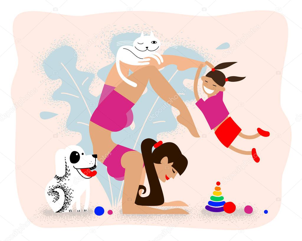 Mother keep calm. Mom quietly practices yoga at home with her child and pets. the child is playing while mom is meditating. Flat cute vector illustration. young mother in scorpion asana at home.