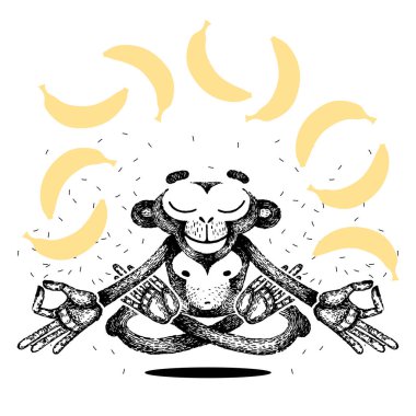 Monkey is meditating and levitating. Monkey sits in a lotus position and dreams of bananas. Vector hand made illustration. for poster, print, t-shirt. clipart