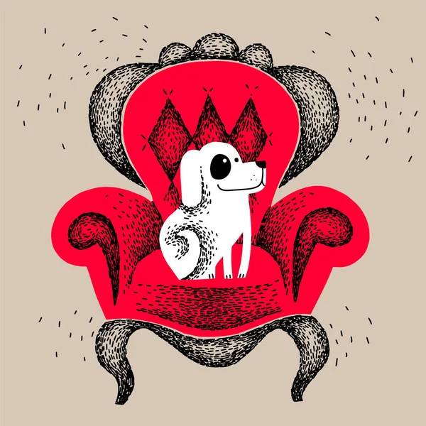 Chien de couleur blanche est assis dans un fauteuil antique rouge repose-chien sur chaise, a pris la place des maîtres. Illustration vectorielle plate de dessin animé à la main. — Image vectorielle