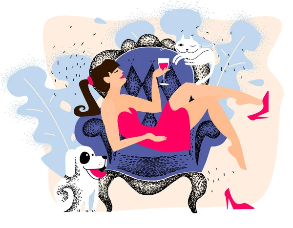 Entspannen Sie sich zu Hause im Sessel, der Hedonist genießt und chillt. Haustiere zu Hause, Hund und Katze. Hedonismus. Mädchen in rosa Kleid ruht und trinkt Wein. — Stockvektor