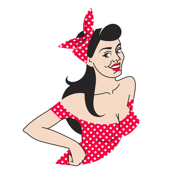 Pin-up flicka i en röd klänning och en vit prickar halsduk. Porträtt av en ung brunett med djup halsringning, svart hår och rött läppstift. Retrostil. — Stock vektor