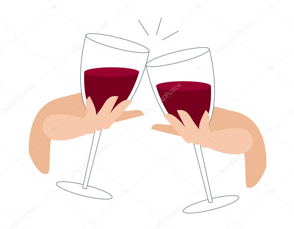 clink glasses with red wine. festive feast with alcoholic drinks. beautiful hand holds a glass of wine. celebration with clinking glasses. cheers.