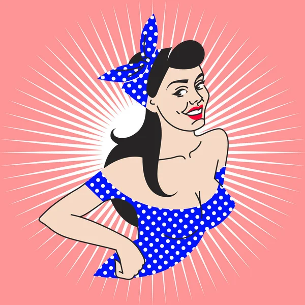 Pin-up flicka i en blå klänning och en vit prickar halsduk på rosa bakgrund. porträtt ung brunett med djup halsringning, röda läppar i retrostil. — Stock vektor