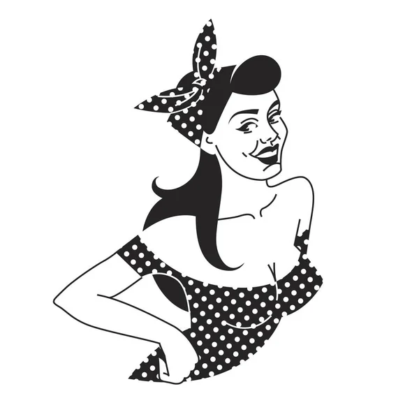 Девушка в пинапе и шарф в белой горошек. женский портрет в стиле ретро. винтажный черно-белый шаблон для печати, татуировки, бренда, рекламы . — стоковый вектор