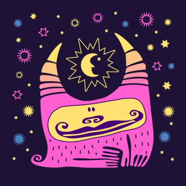 Sevimli hayvan gülüşü. Karanlık arka planda boynuzları olan renkli kawai canavarı. Yıldızlar, güneş, ay. Çizgi film küçük pembe vektör karakter.