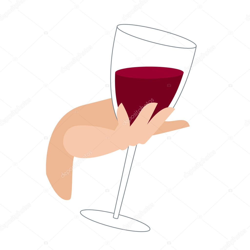 glass of wine in the hand. graceful female hand holds full glass of red wine. alcoholic drink in glass. vector illustration flat on white background.