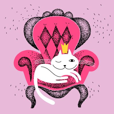 Kedi pembe koltukta oturuyor. Beyaz kedi pembe sandalyede dinleniyor. Sahibi evde değilken evcil hayvan efendinin yerini aldı. El yapımı düz.