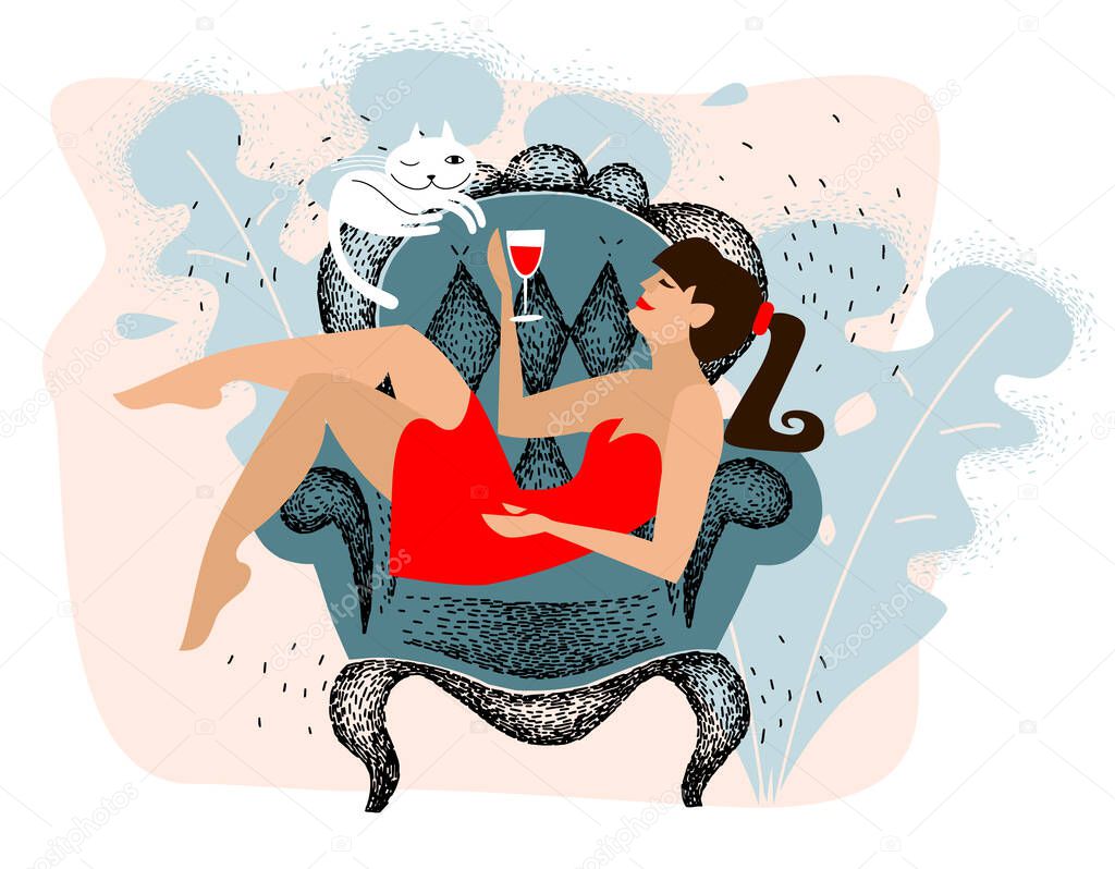 hedonism. girl in red dress is resting and drinking wine. Relax at home on the armchair, the hedonist enjoys and chilling. Flat handmade vector.