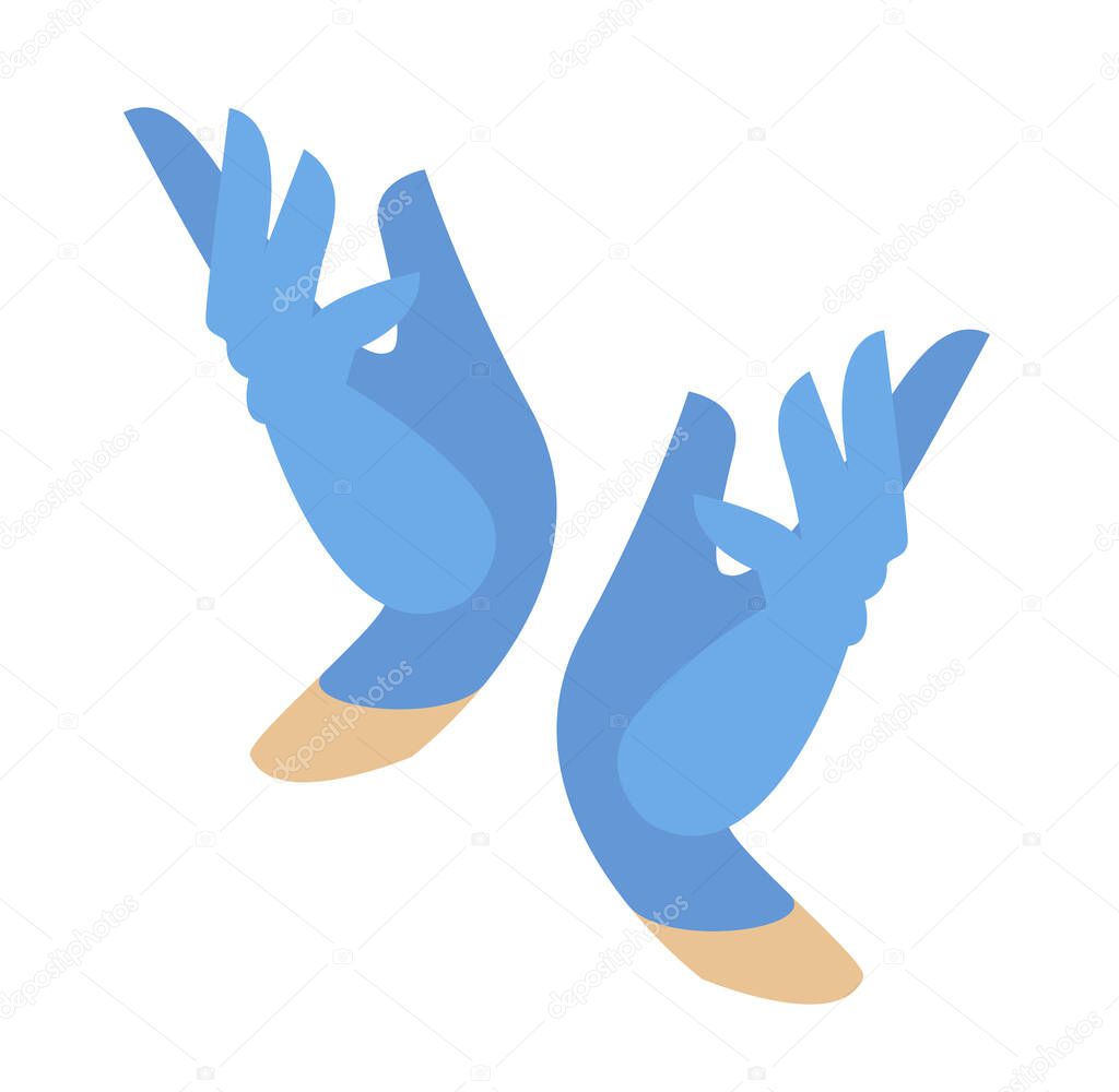 Hands in protective blue gloves. Latex gloves as a symbol of protection against viruses and bacteria. Precaution icon. medical care. gloved hands.