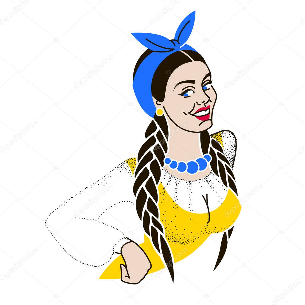 girl in national Ukrainian color. effective women in dress, scarf, with braids, beads. portrait girl with smile can be used for advertising, brand.