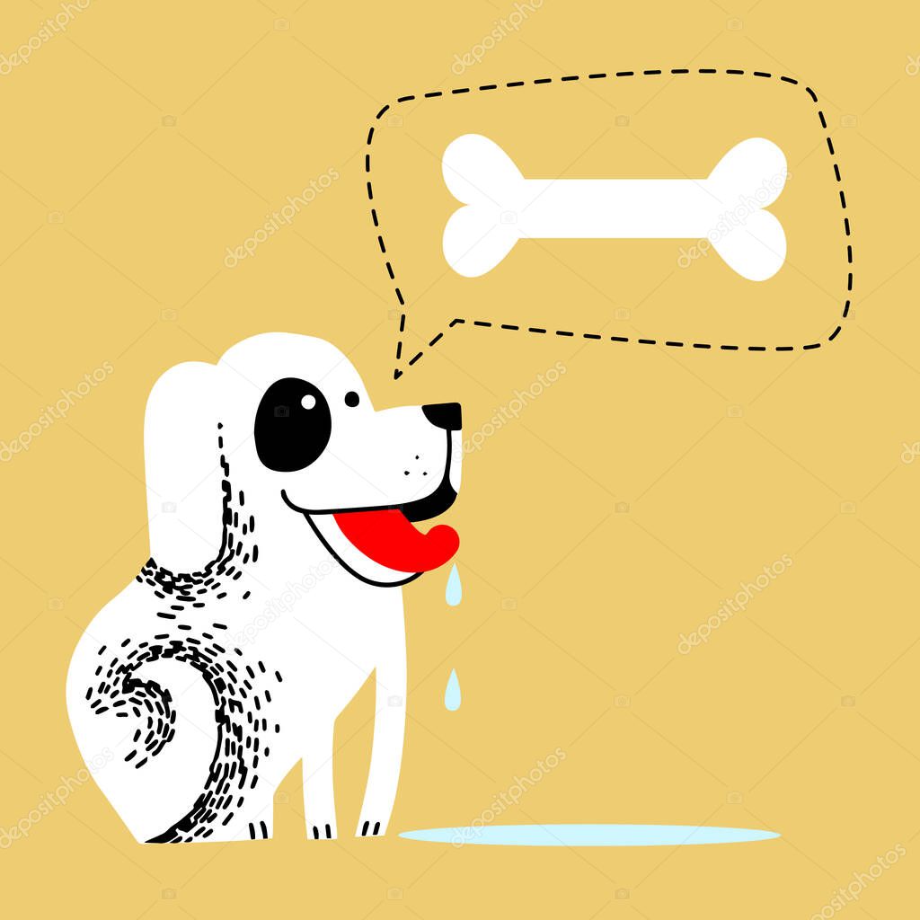 dog craves a food. pet dreams to eat bone. drooling from mouth of animal. hungry white dog with red tongue on yellow background and puddle of saliva.