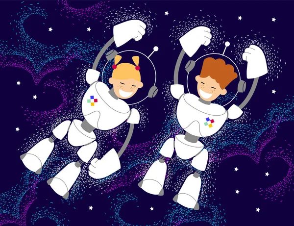 Os jovens astronautas conquistam o espaço. crianças, menino e menina em trajes espaciais brancos voam no espaço sideral para estudar o céu estrelado nas profundezas cósmicas . — Vetor de Stock