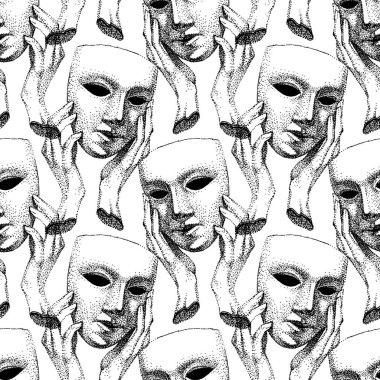Seamless pattern in retro style. Mask in hands. dramatic theater. Hypocrite pretender, trickster, many faces. Vintage black and white. drama portrait. clipart