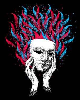 Tiyatro maskesi ve eski moda tüyler. Venedik maskesi. İkiyüzlü, sahtekar, düzenbaz, bir sürü yüz. Aktör klasik drama portresi.