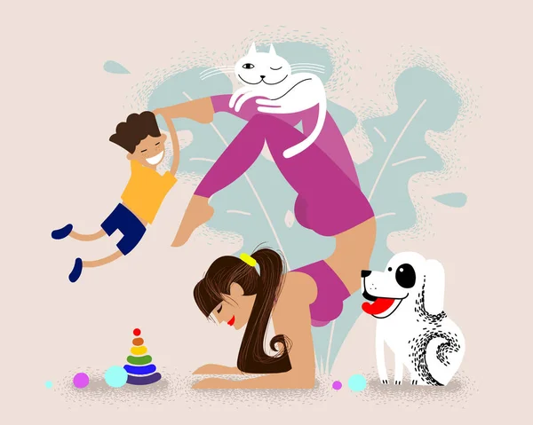 Mama oefent thuis yoga met haar kind en huisdieren. Het kind speelt terwijl mama mediteert. Jonge moeder in schorpioen asana. Moeder, blijf kalm.. — Stockvector