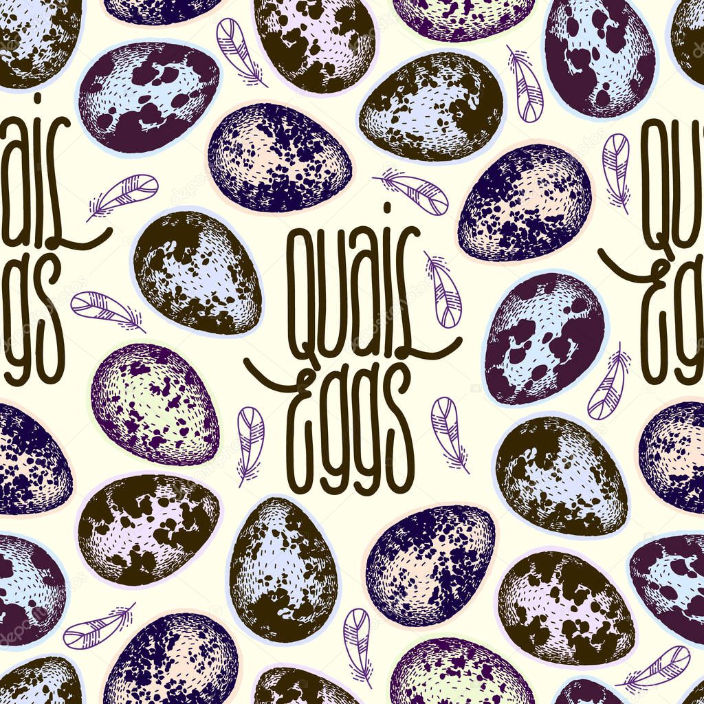 Vector seamless pattern with quail eggs and feathers. Hand drawn sketch. Handwritten inscription. Lettering. Cute print. Craft style.