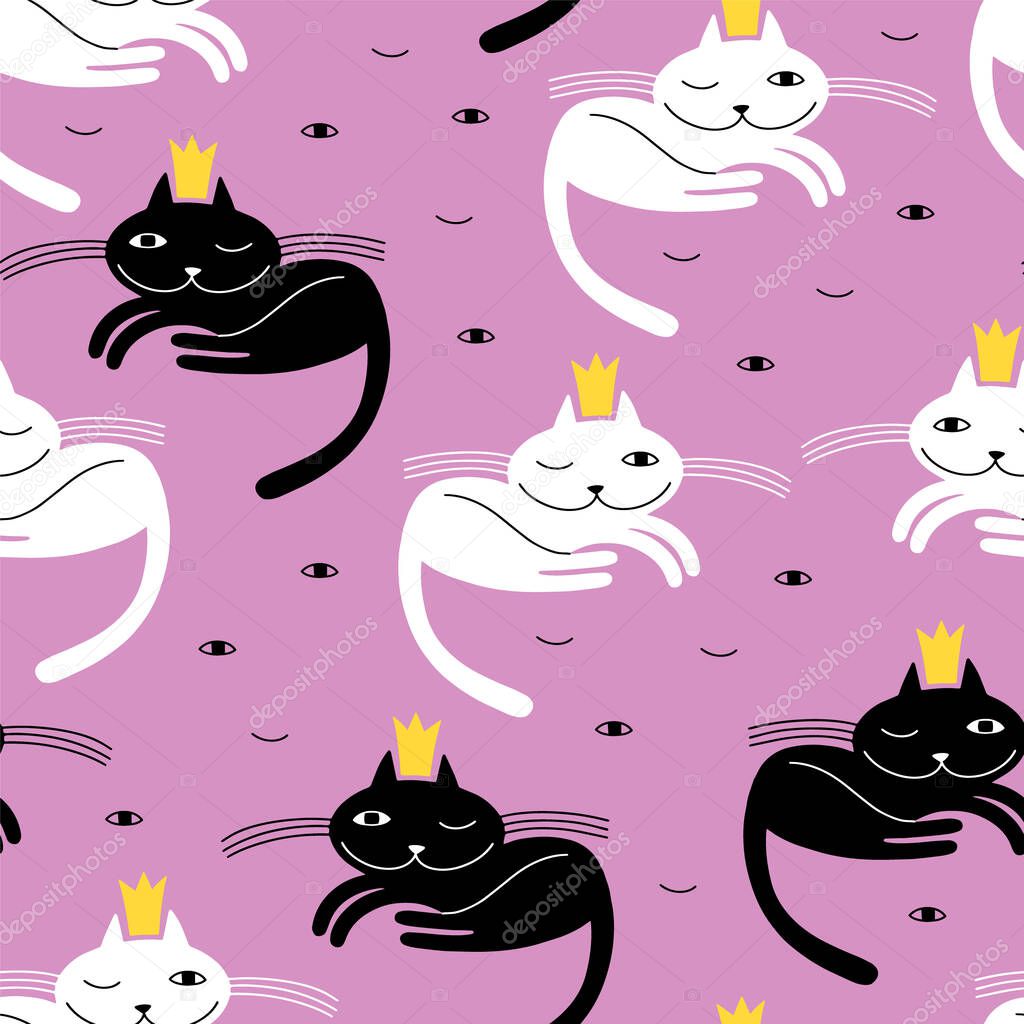 seamless pattern. black and white cat. pet with a crown on a pink background. open and closed eyes.