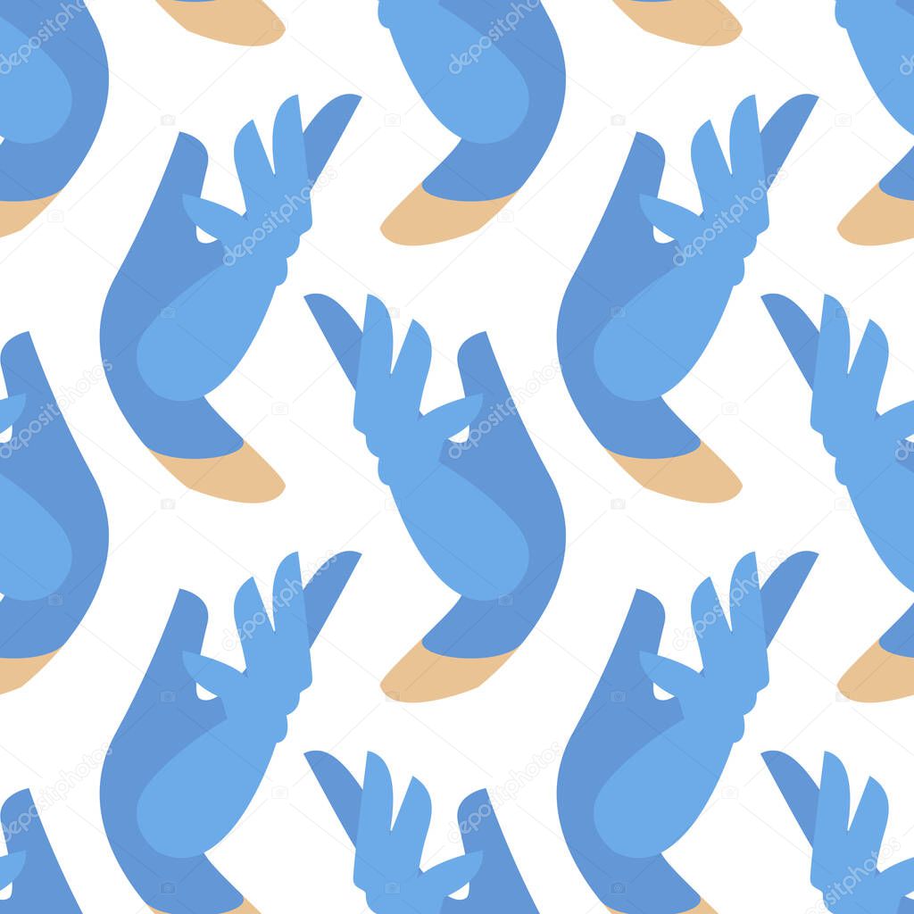 Seamless pattern hands in protective blue gloves. Latex gloves as a symbol protection against viruses and bacteria. professional medical accessories.