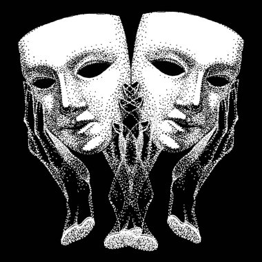 Maske ellerde. Tiyatro sembolü, drama. Aktör, ikiyüzlü, sahtekar, düzenbaz, bir sürü yüz. Klasik siyah beyaz şablon. Drama portresi. El yapımı, retro tarzı. Vektör illüstrasyonu.