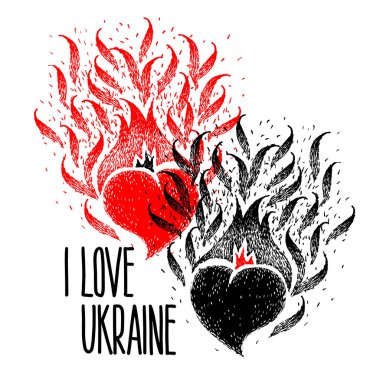 Ukrayna 'yı seviyorum. El yapımı harfleri olan iki siyah ve kırmızı kalp. Ukrayna 'nın Bağımsızlık Günü Anayasa Günü' nü kutluyoruz. Ulusal kimlik. kalp aşkı.