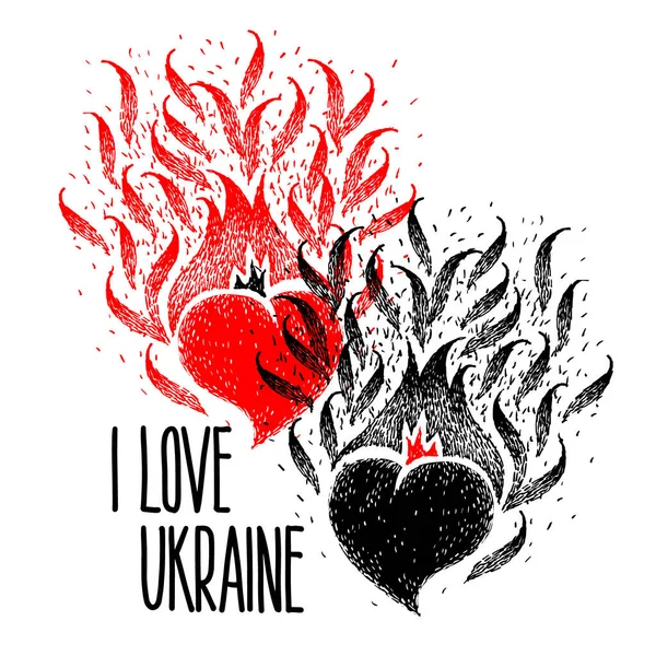 Miluju Ukrajinu Dvě Srdce Černá Červená Barva Ručně Psanými Písmeny — Stockový vektor