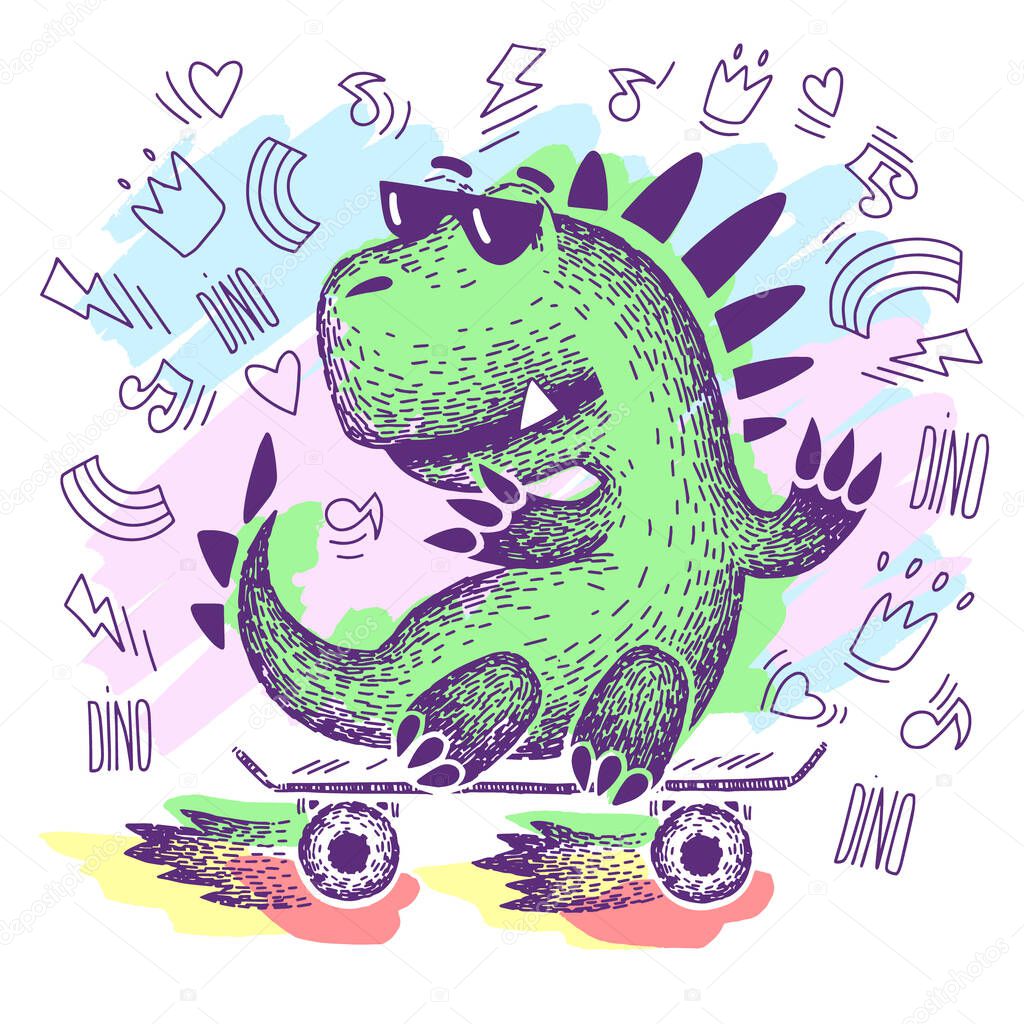 Cute dinosaur with glasses. dinosaur rides on a skate. Cartoon Animal vector illustration for print. cool skater dino character. Skateboard drawing. Funny t-shirt print for kids. Hand drawn doodle.