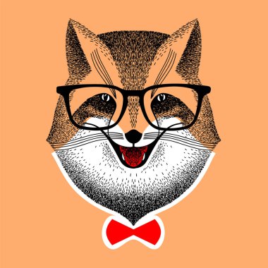 Gözlüklü kızıl tilki portresi. Kırmızı papyonlu tilki suratlı. Kurnaz tilki gülümsüyor. Hipster tarzı. El yapımı el yapımı vektör çizimi. Poster, baskı ya da tişört için çizim.