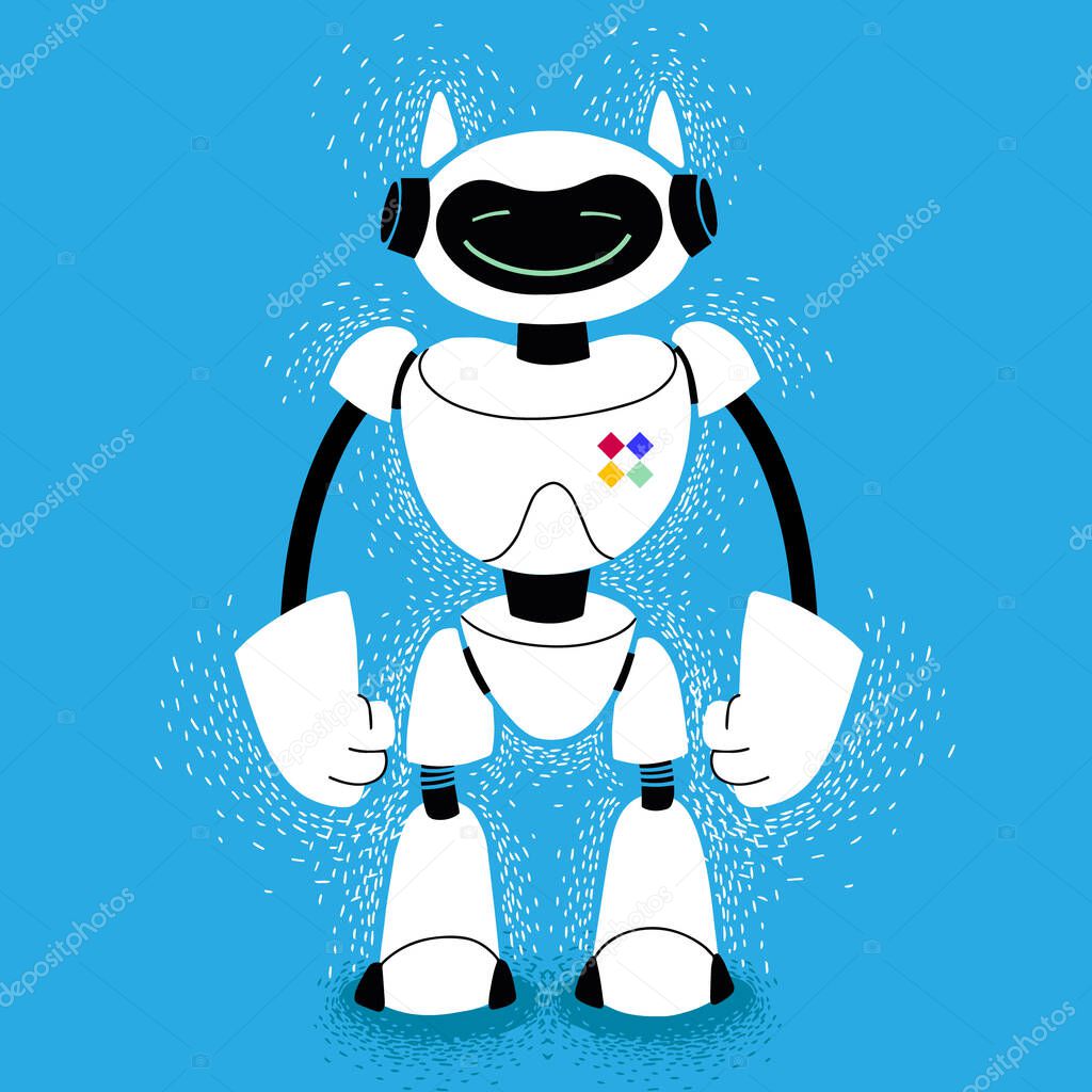 cartoon tech assistant android. white robot cute vector illustration. robotics. cute friendly robot. electronic bot friend on blue background.