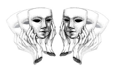 Mask in hands.Theater illustration vector. Hypocrite, pretender, trickster, many faces. Black and white.venetian carnival mask, antique theater. self-rexia, look deep into yourself, reflection. clipart