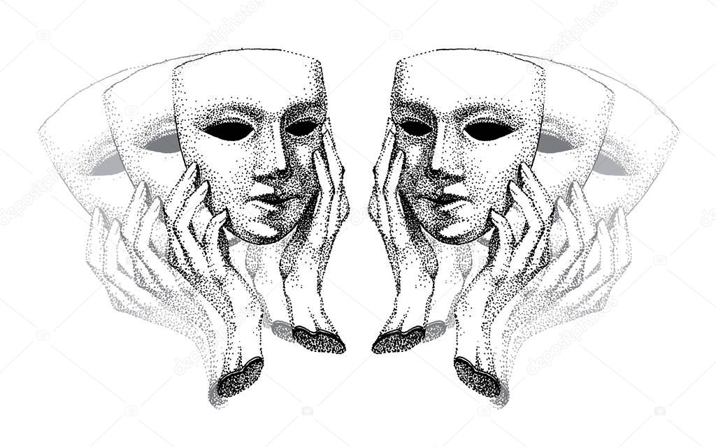 Mask in hands.Theater illustration vector. Hypocrite, pretender, trickster, many faces. Black and white.venetian carnival mask, antique theater. self-rexia, look deep into yourself, reflection.