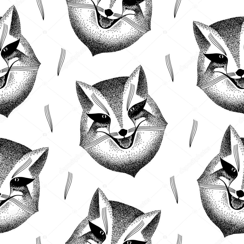 seamless pattern with fox face. sly fox smiles. handmade illustration. Liar, dodger, mischievous, hoaxer. archetype in mythology, folklore and religion.