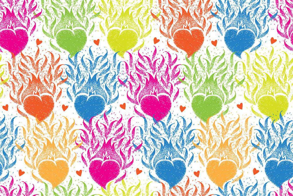 Seamless pattern with colorful hearts. Cute handmade illustration on white background. Seamless backdrop can be used for crafts, arts, wallpapers, web pages, fabrics, prints.