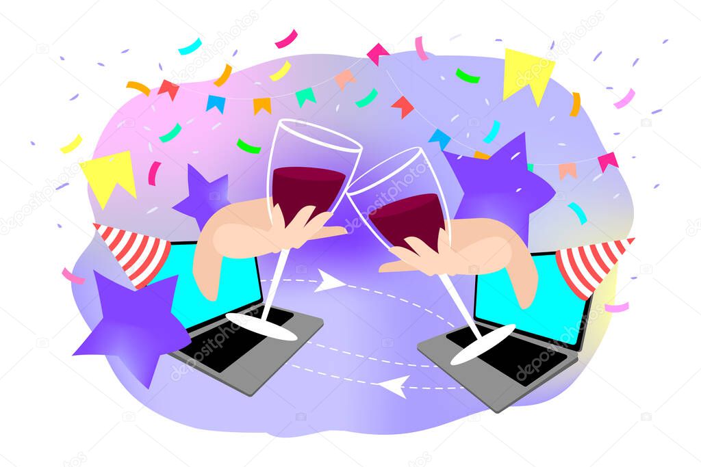 Video chat on laptops. clink glasses with red wine. celebration with clinking glasses. cheers. People drink wine together. hand holds a glass. Online party, birthday, meeting friends. flat vector.